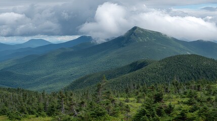 Mountain vista, lush green slopes under a cloudy sky