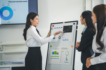 Businesswoman pointing at financial charts on a whiteboard while presenting company performance...