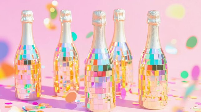 Sparkling champagne bottles adorned with colorful disco mirror patterns are arranged on a vibrant pink background, surrounded by festive confetti, creating a celebratory atmosphere