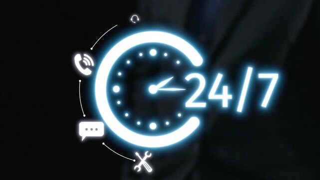 This concept image features a glowing clock icon with 24 hour representation, emphasizing continuous availability and connectivity in today business communication landscape. Qubit