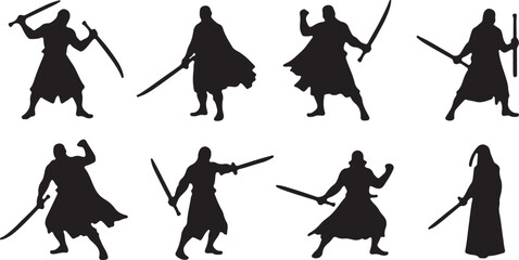 Obraz premium Digital illustration of eight black abstract shapes silhouette isolated on transparent background