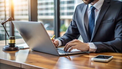 Photo of a lawyer is working on a laptop in an office, with a gavel symbolizing law and justice