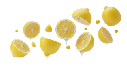 Floating lemon halves and wedges with juice droplets showcasing vibrant yellow citrus fruit.