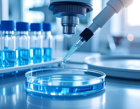 Pipette dispensing blue liquid into petri dish; microscope and vials in background