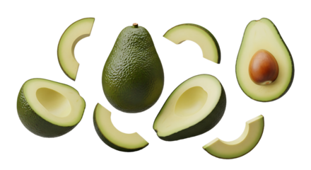 Fresh avocado arrangement with slices halves and a whole fruit showcasing the seed.