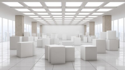 A spacious gallery with large windows showcases various white cubes arranged artistically on a polished floor, illuminated by abundant natural light.