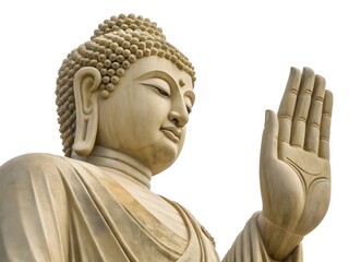 Serene buddha statue with hand raised in blessing gesture against white background