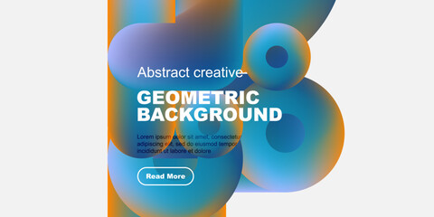 Abstract geometric background features vibrant blue, orange shapes. Text includes geometric background, read more button visible. Modern design.