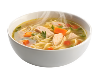 Hearty bowl of steaming chicken noodle soup with vegetables