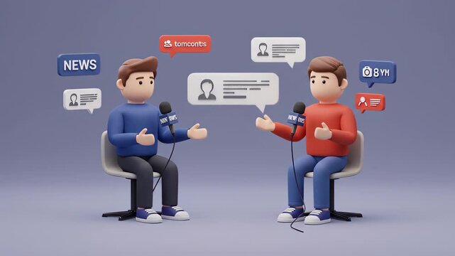 3d illustration of two cartoon characters are having an interview, discussing news and media in a podcast setting
