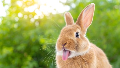 Obraz premium Playful orange rabbit with tongue out, blurry green background