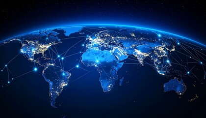 Night view of Earth, illuminated cities connected by a network of lines