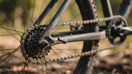 Fototapeta premium Close-up of a Bicycle Chain and Gears in an Outdoor Setting