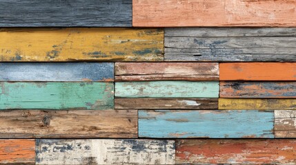 Vibrant planks of wood in various colors and textures are arranged together, creating an eye-catching display that adds a rustic touch to any space.