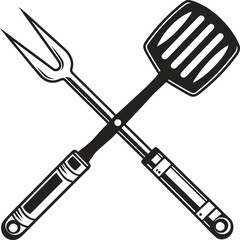 Here's one sentence describing the image:

An isolated set of black and metal kitchen utensils including a whisk, spatula, fork, and spoon, perfect for cooking any meal