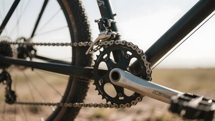 Fototapeta premium Close-up of a bicycle's chain and gear mechanism in an outdoor setting