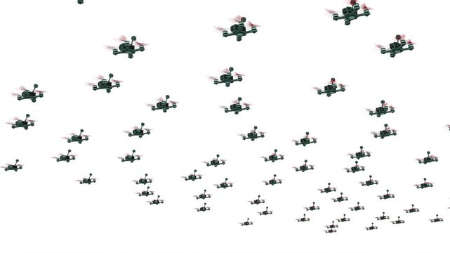 Swarm of drones on a white bg 4k