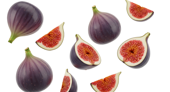 Fresh figs Whole halved and quartered showcasing vibrant red interiors and purple skin.