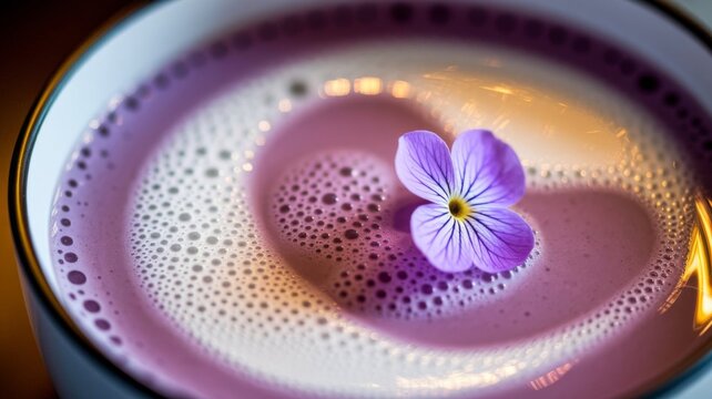 Taro milk latte tea with foam and flower