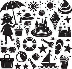 Black and white vector silhouette icons set of food and drink, including coffee cups, beer glasses, wine bottles, and juice mugs, for cafe and bar design