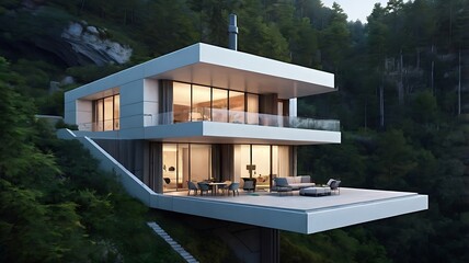 Futuristic terrace house design, built into the hillside forest, sci-fi style