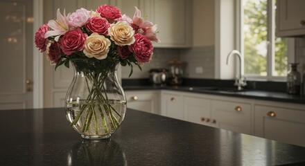 Elegant mixed floral bouquet of pink roses, peonies, and lilies in a glass vase on a black kitchen counter, with natural daylight and cozy kitchen decor in the background