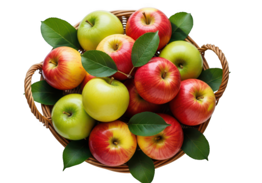 Woven basket filled with red and green apples and green leaves fruit food