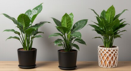 Obraz premium Set of three vibrant indoor coffee plants in modern black pots and a decorative woven pot, placed on a wooden surface against a neutral wall, illuminated by soft natural daylight
