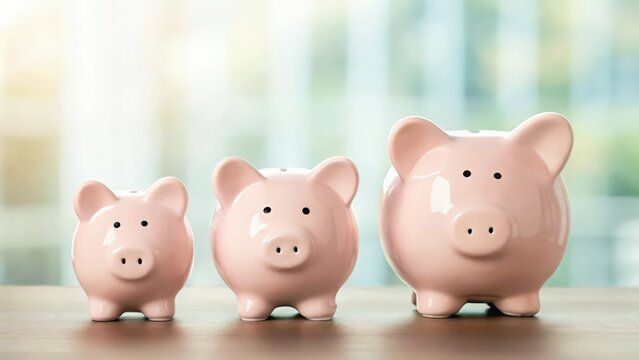 Small medium and large piggy banks — generational savings and financial growth
