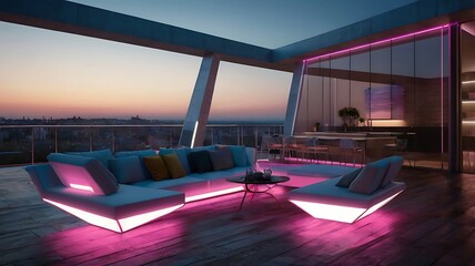 Futuristic terrace, angular shapes, neon lights, smart furniture, 3D concept