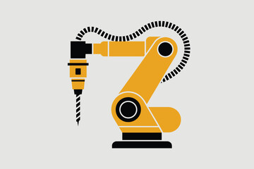 A yellow robotic arm with a drill attached and a black and white striped cable on a light gray background