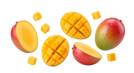 Fresh Mango Medley Sliced Cubed and Whole with Vibrant Colors and Water Droplets.