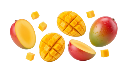 Fresh Mango Medley Sliced Cubed and Whole with Vibrant Colors and Water Droplets.