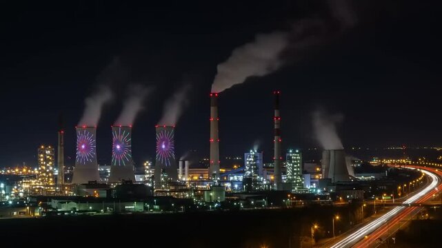 Nighttime industrial landscape with smokestacks and lights