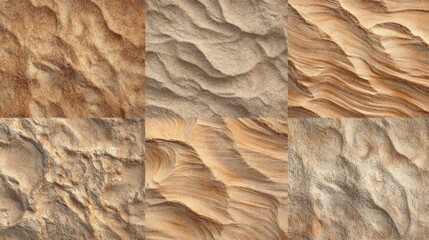 Fototapeta premium Close-up views of intricate sand textures reveal the natural patterns shaped by wind and time in a desert environment. Warm hues highlight the unique designs created in the sand.