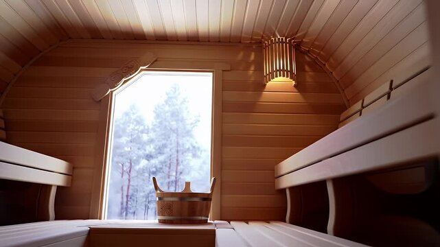 Warm Wooden Sauna Interior Overlooking a Snowy Forest in Winter Scenery Featuring Rustic Benches a Bucket and Soft