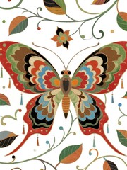 Obraz premium Folk Art Butterfly Illustration with Decorative Leaves and Flowers
