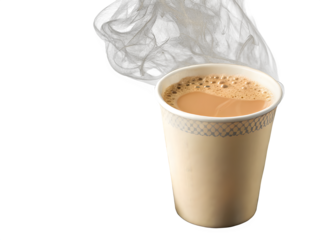 Steaming cup of hot beverage with milk and foam on black background