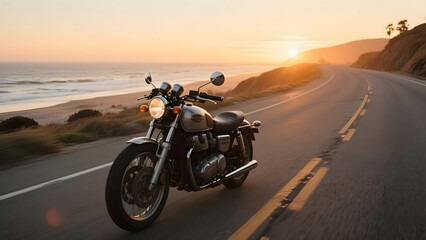 Motorcycle cruising on a coastal road at sunset