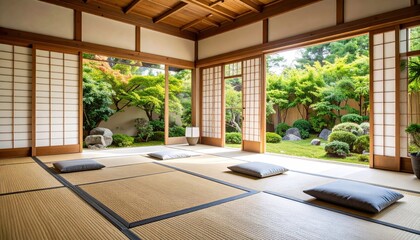 Tranquil Japanese Room with Tatami Mats and Garden View Through Shoji Doors