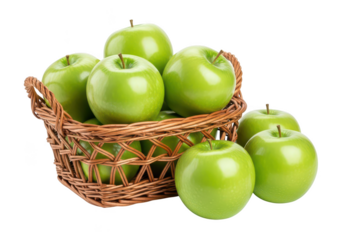 Woven wicker basket filled with bright green apples on fruit 1
