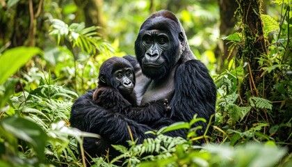Mother Gorilla and Infant in Lush Green Forest, Intimate Portrait