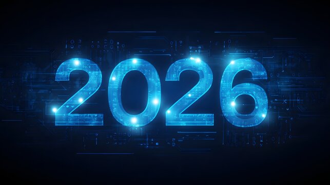 Blue 2026 Text with Digital and Futuristic Elements on Dark Technology Background