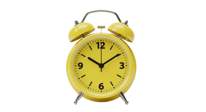 Retro yellow twin bell alarm clock with classic analog dial and metal legs isolated on transparent background