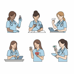 Fototapeta premium Illustrated set of diverse female nurses engaged in various medical tasks like checking blood pressure, digital record-keeping, and using diagnostic tools.