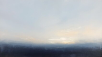 Fototapeta premium 夜明けの空と山並みの抽象風景画、淡い光が広がる