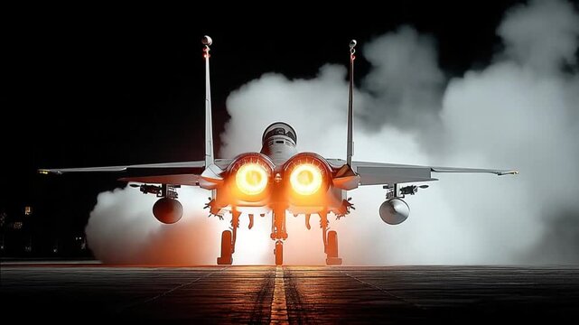 Fighter jet engine roaring with flames on the runway at night with epic perspective.