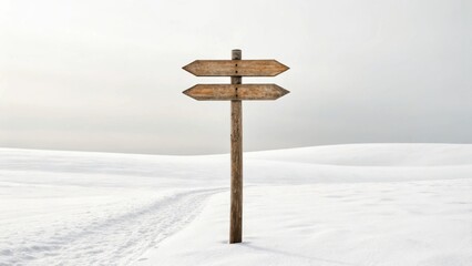 Wooden signpost in a snowy landscape indicating directions