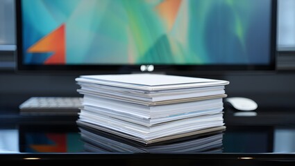 A stack of documents sits on a black reflective surface in front of a computer monitor displaying an abstract image.