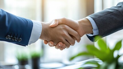 Business partnership handshake in office